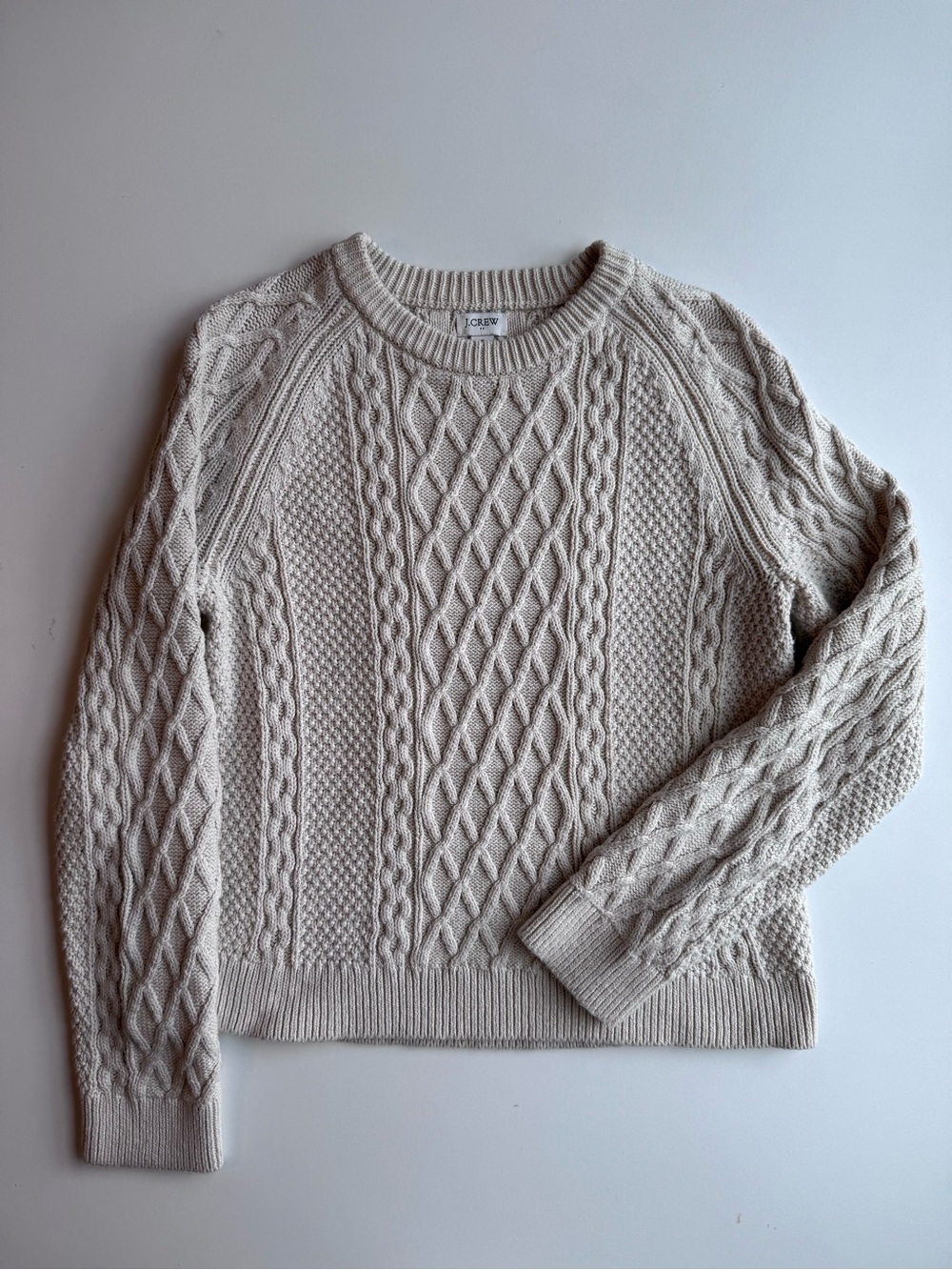 J.Crew Women’s Cable Knit Crewneck Sweater Oatmeal Cream Cotton Size Small
